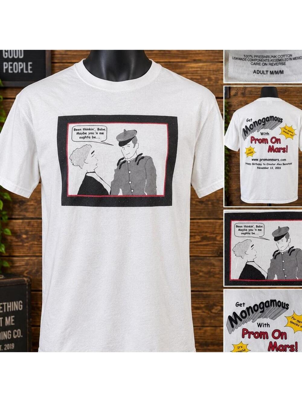 Vintage 2003 Port & Company White Graphic T-Shirt Prom On Mars Adult Medium